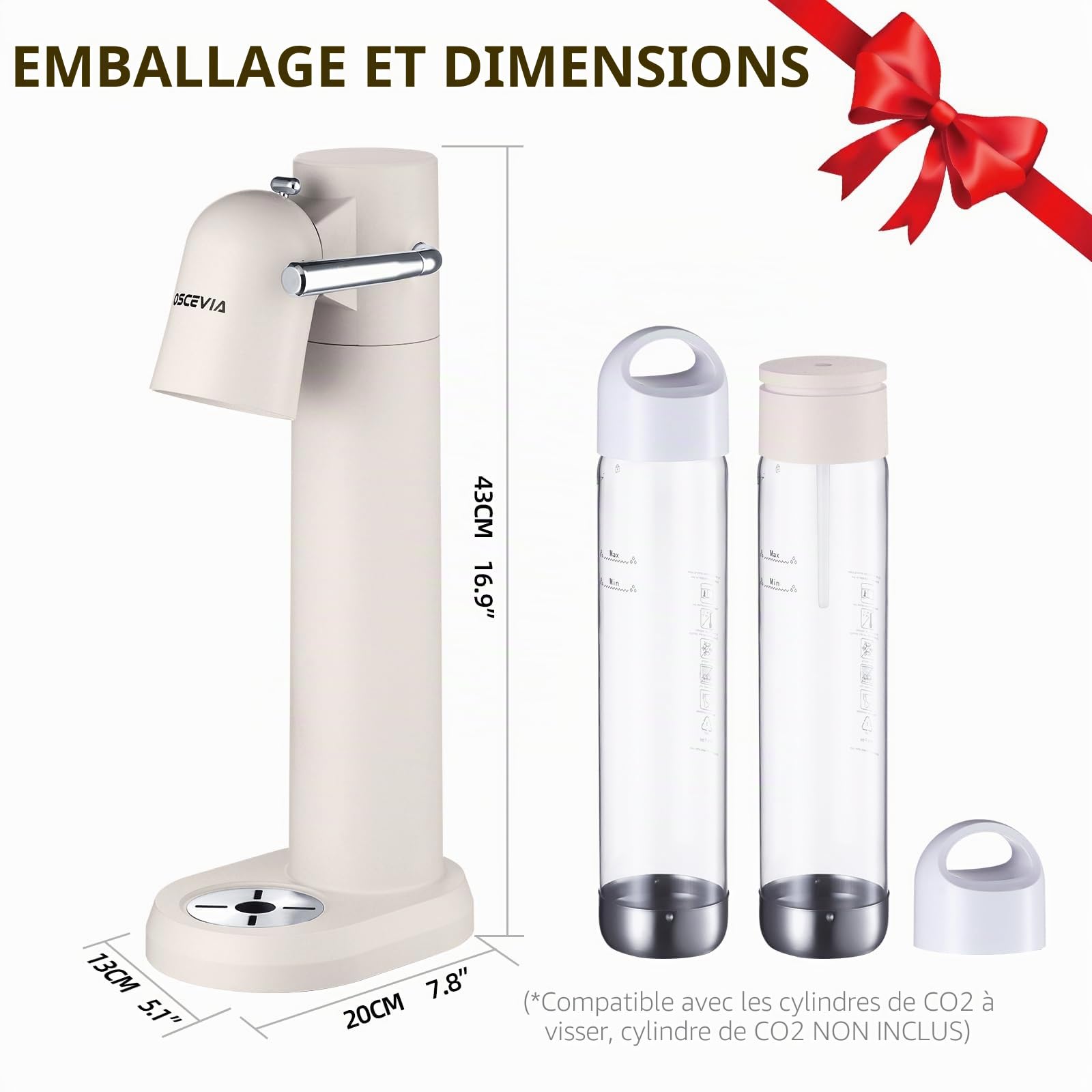 Machine à Eau Gazeuse et Soda pour la Maison avec 2 Bouteilles sans BPA (1L + 1L) - Compatible avec Cartouches de CO2 60L (Non Incluses) - Blanc