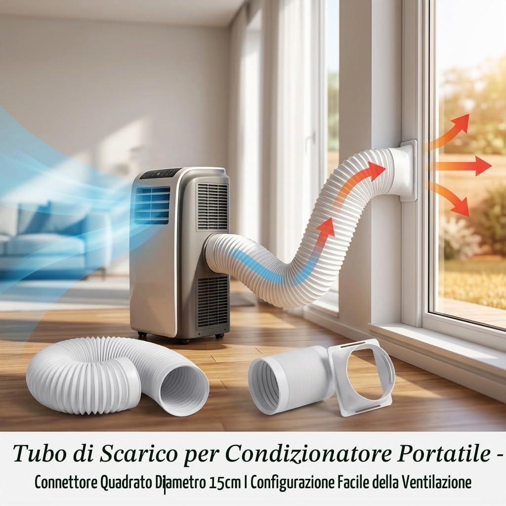Tubo di scarico portatile AC con connettore quadrato, diametro 15 cm, ABS e polipropilene, lunghezza regolabile per camera da letto, soggiorno, ufficio