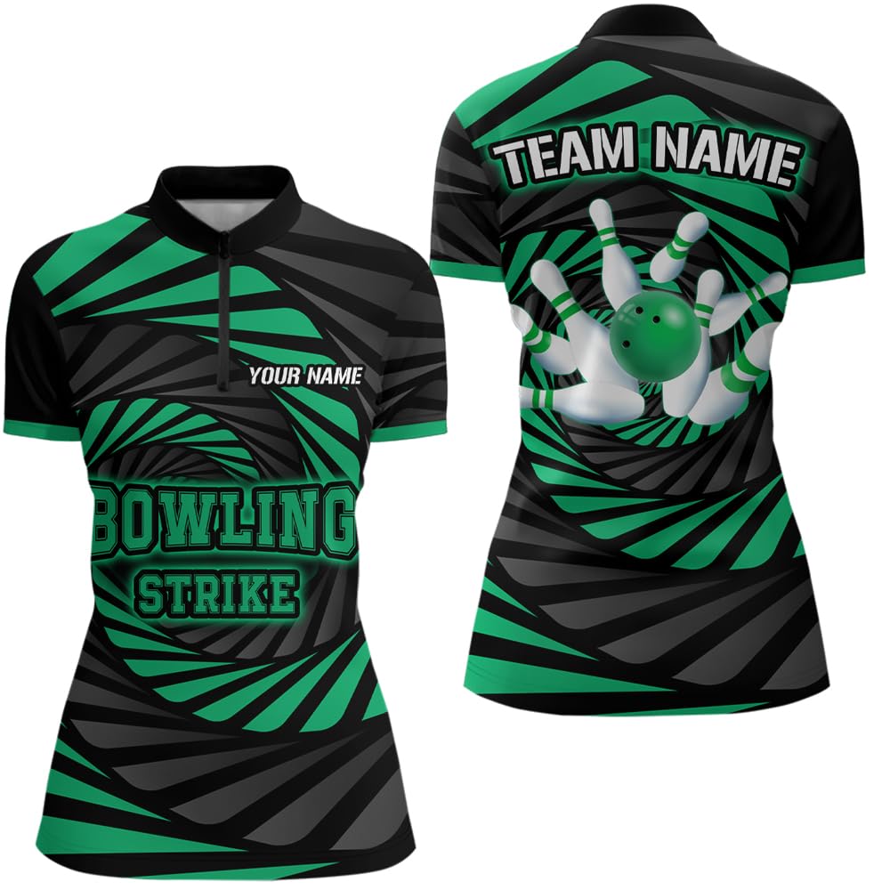 PIONAMZIOZ Custom Bowling Strike Shirt for Men Women Green Polo & Quarter Zip Bowling Team Jersey Bowling Outfit (US, Alpha, Small, 5X-Large, Regular, Regular, Women Quarter-Zip)