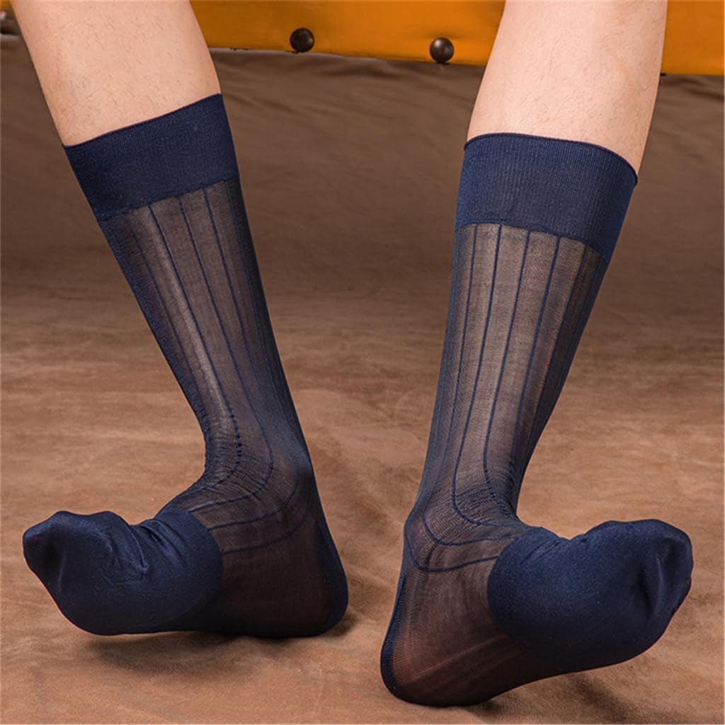 Elegant Men Business Middle Calf Nylon Dress Socks Sheer Thin Ribs See Through Silk Suit Socks for Formal