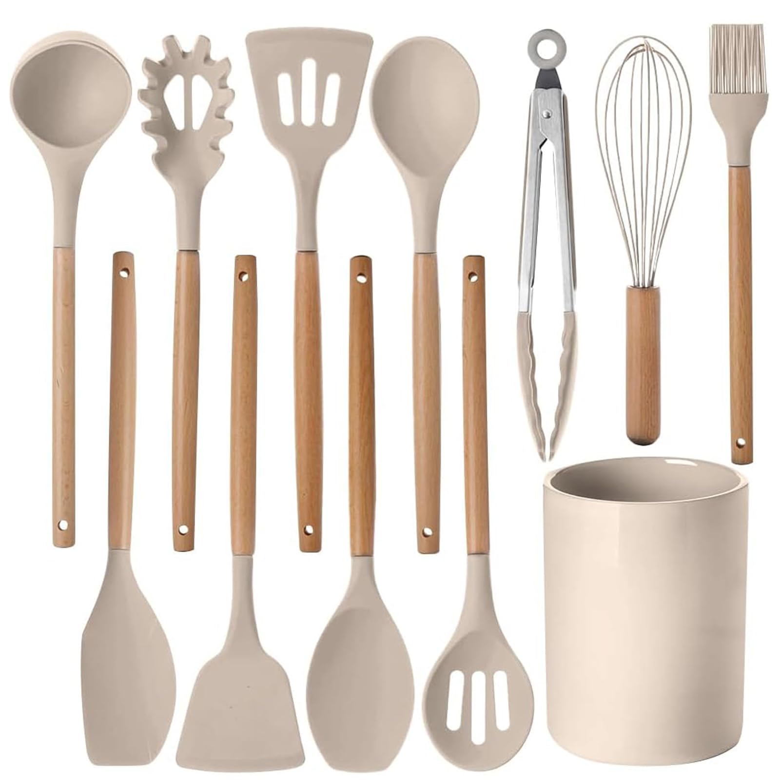 12-Piece Silicone Kitchen Utensil Set with Wooden Handles, Heat-Resistant, Nonstick Cooking Tools Set with Tongs, Spatula, Spoons & Storage Bucket, Dishwasher Safe for Home & Camping (12, Grey)