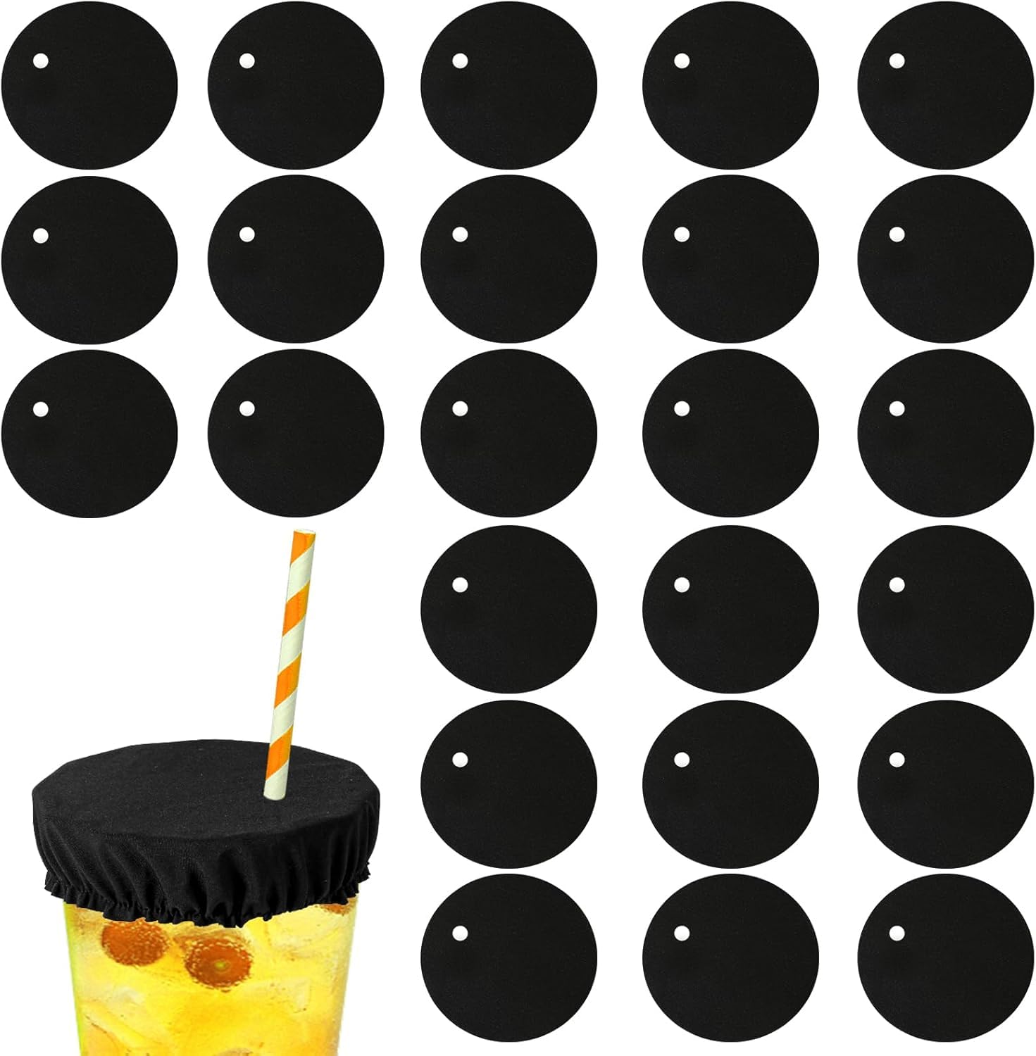 25pcs Universal Drink Covers Scrunchies, Elastic Stretchable Polyester Cup Cover for Alcohol Protection Safety with Straw Hole Reusable Drink Protector Cap for Women Fits Most Glass Cups (Black)