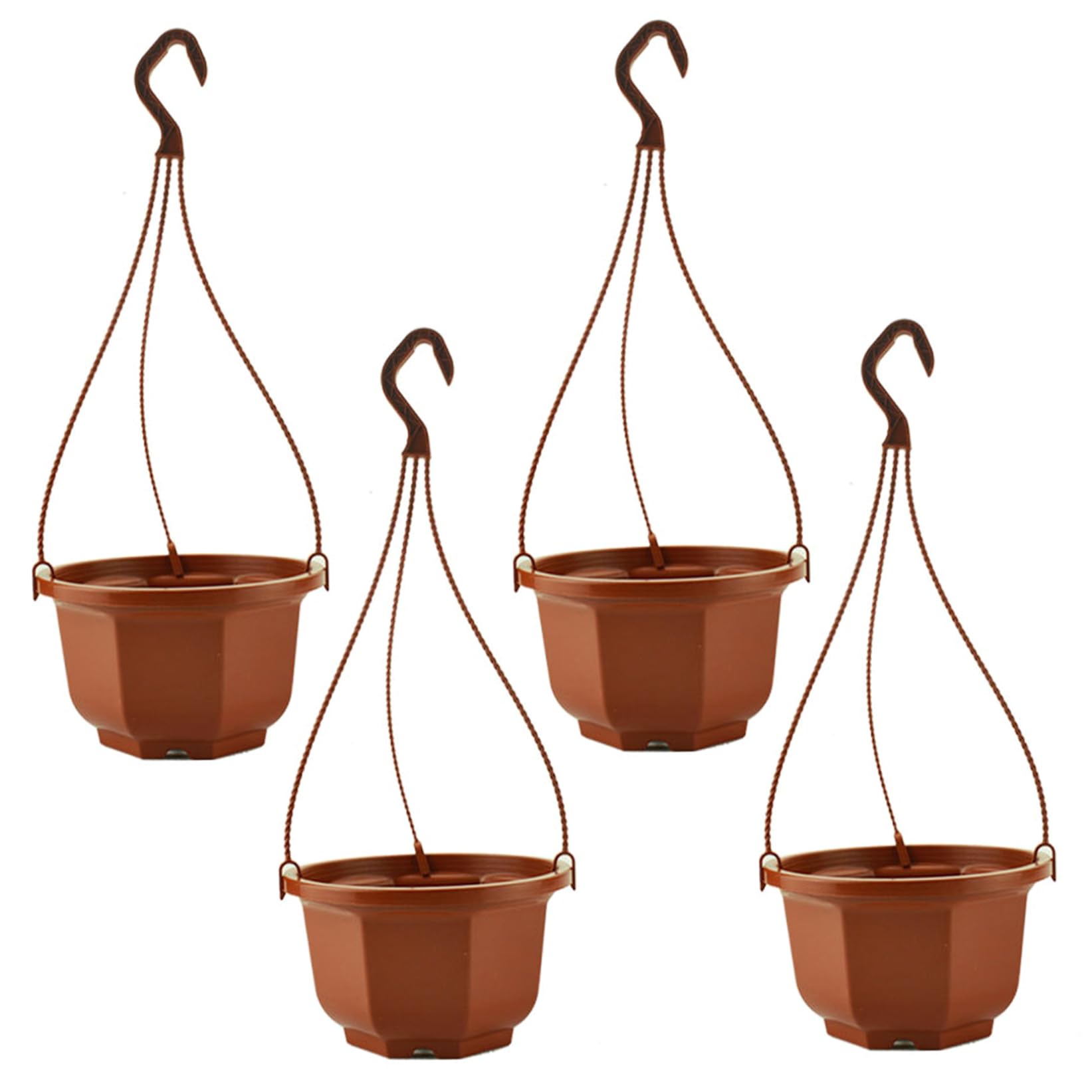 Bemonew Coffee Plastic Hanging Planter 4 Pack Plastic Hanging Planter With Hooks, Baskets For Plants Outdoor & Indoor, Octagonal Orchid Basket For Garden, Porch