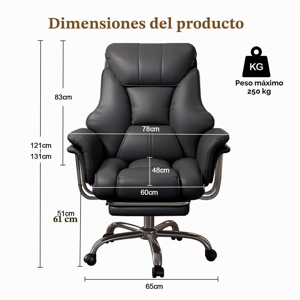 Silla de Oficina Grande Y Alta (250 kg), Silla Ejecutiva Extra Ancha en Cuero Sintético con Reposapiés Retráctil, Ergonómica, Resistente Y de Altura Ajustable para Ordenador.