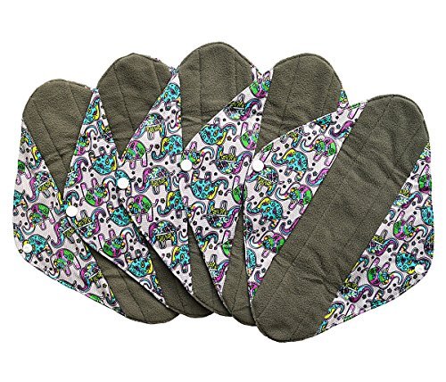 5 Pieces Charcoal Bamboo Mama Cloth/ Menstrual Pads/ Reusable Sanitary Pads (Heavy (12 inch), Colorful Elephant)
