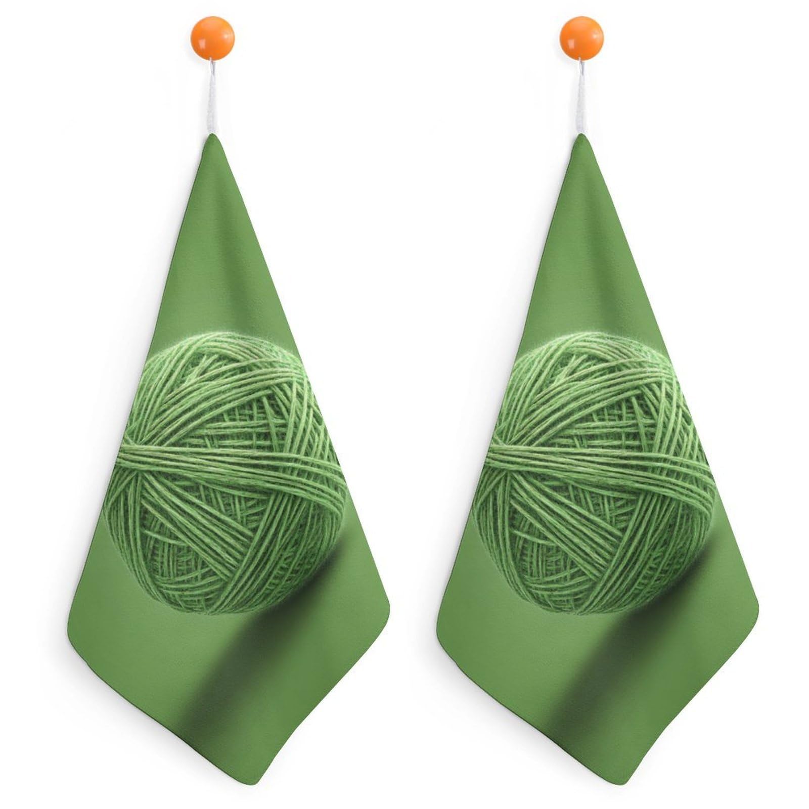 Jubonexis Green Yarn Ball Small Hand Towel with Hanging Loop 2 PCS Absorbent Soft Wash Cloth for Kitchen Bathroom