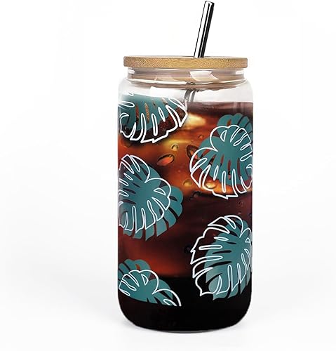 Tazas de vidrio para café helado de flores silvestres florales con tapas y pajitas de bambú de 16 onzas, vasos de cerveza reutilizables florales con