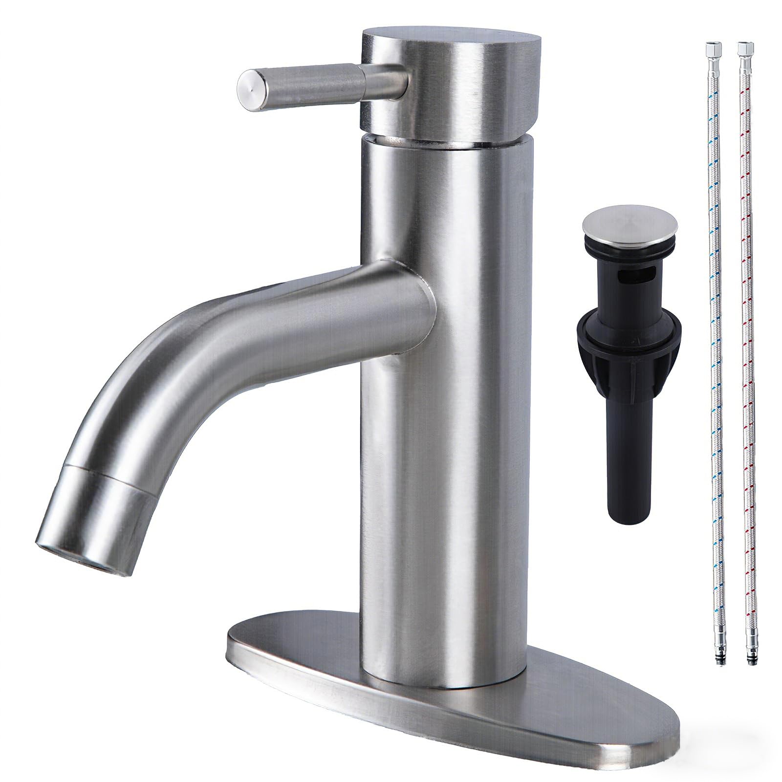 HOTIS - Grifo de baño de níquel cepillado, grifo de fregadero de un solo agujero con drenaje emergente, adecuado para instalación de 1 o 3 agujeros, para fregadero de baño, RV y tocador