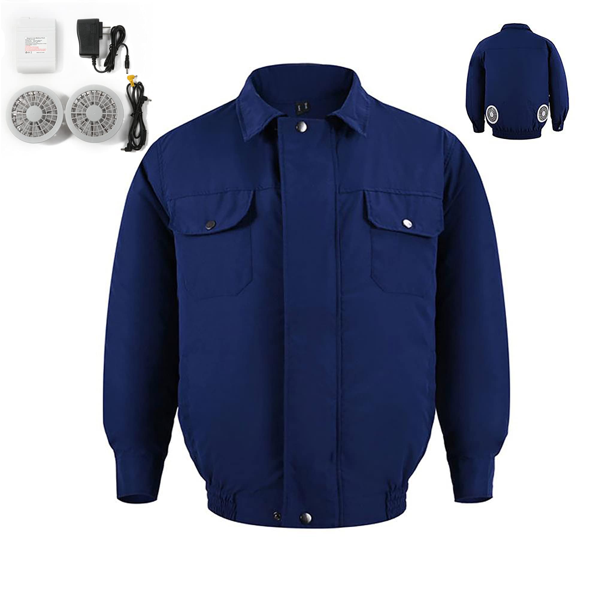 73FACAI Cooling Fan Jacket Men's Air-conditioning Clothing Sun Protection Wear-resistant Construction Work Clothes with Power Bank,Navy,S(165cm55kg)