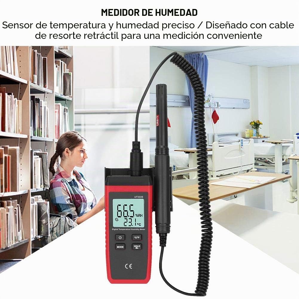 UT333S Medidor Digital Portátil de Temperatura y Humedad Termómetro de Alta Precisión Higrómetro LCD Higrotermógrafo con Cable Retráctil de Resorte