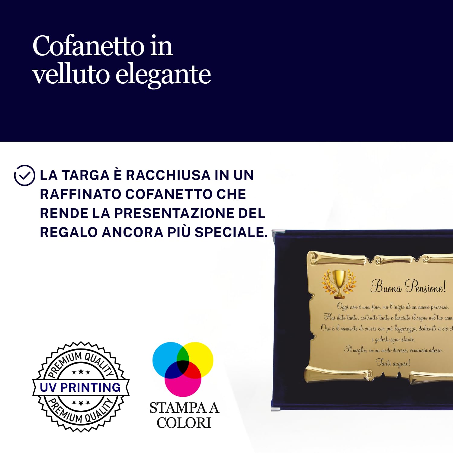 Placa de pensión con pergamino en estuche de terciopelo – Idea regalo jubilación – Placa de celebración con dedicación – Recuerdo elegante para colega, amigo o familia (azul, dedicación emocional)