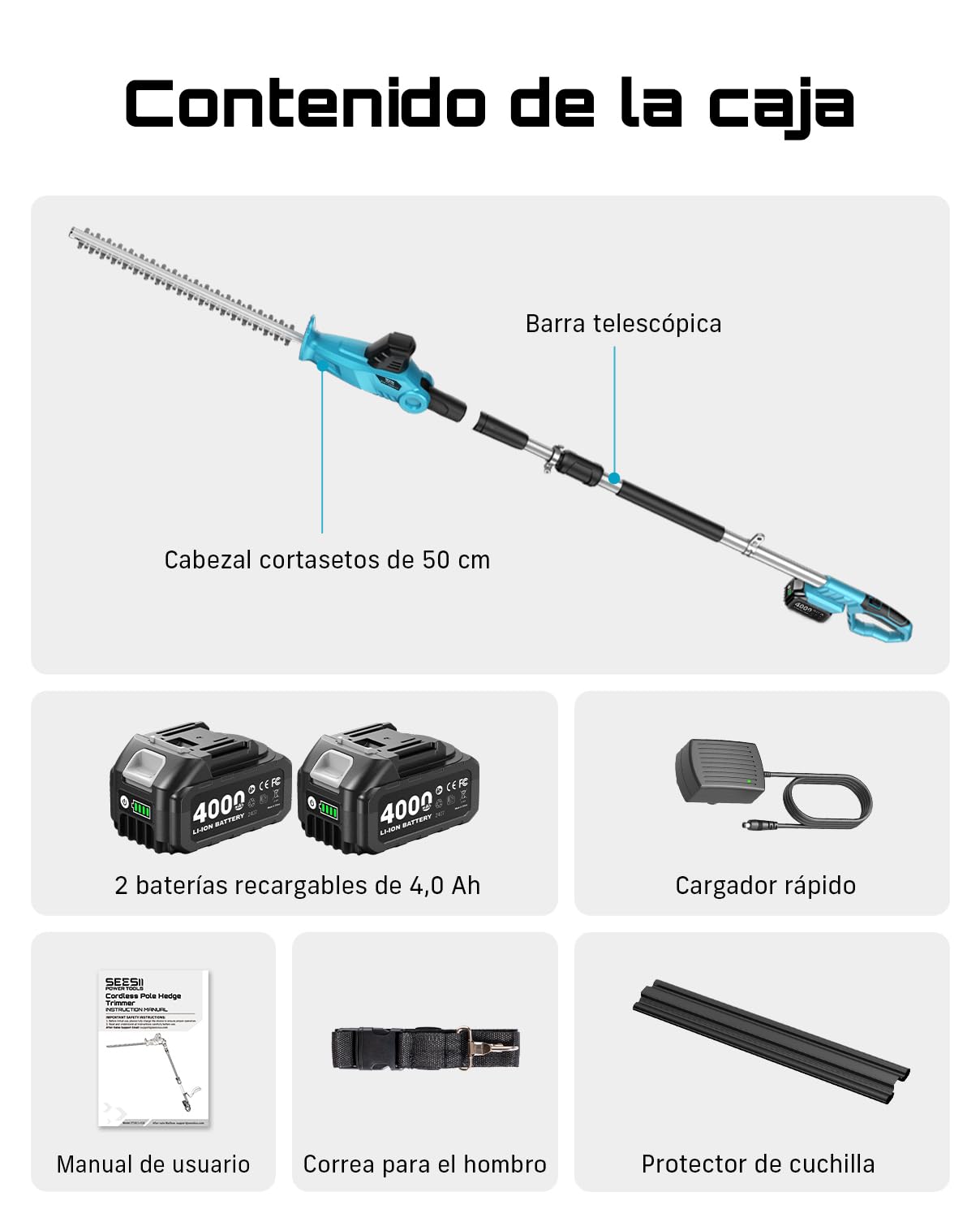 SEESII Cortasetos Batería, Cortasetos Eléctrico con Pértiga Telescópica 2,4 M, Cuchilla Doble Acción 50 Cm, 2×4000 mAh Baterías, Cabezal Giratorio Ajustable, para Setos Y Arbustos