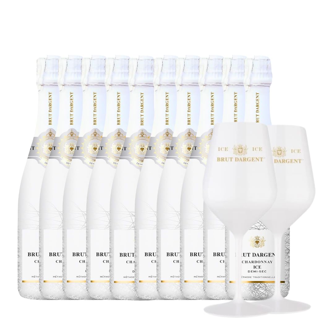 Brut Dargent Ice Chardonnay | 10 Flaschen + 2 limitierte Acryl Gläser gratis | Exquisite Schaumwein-Selektion | Perfekt für Feierlichkeiten | 750ml pro Flasche | Luxus Genusspaket