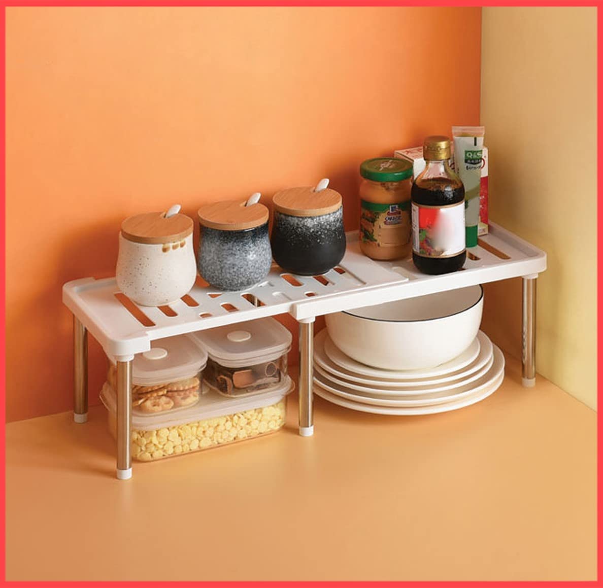 wolpin Escurridor extensible para platos, estantes de almacenamiento para armarios de cocina, soporte para platos, estante de utensilios ABS con acero inoxidable multiusos