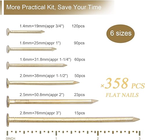 Vista 3 de Kit surtido de clavos con herrajes dorados de 6 tamaños, 358 piezas, chapado en latón, clavos para colgar cuadros, clavos de acabado, clavos
