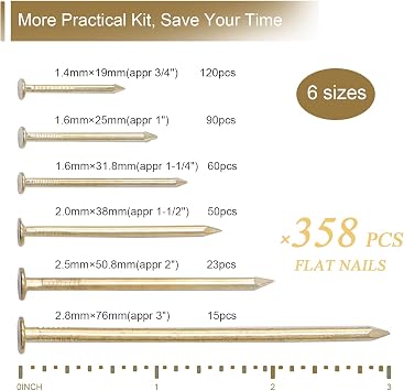 358PCS Brass Plated Nails Assortment Kit, 6 Sizes for Hanging & Woodworking