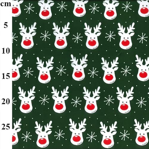 Christmas Polycotton Fabrics - Sold per metre/Half metre by Simply Sew Crafty™ - Reindeers Snowflakes Stars Puddings Candy Canes Hearts Sausage Dogs (Happy Reindeer - Green, 1 Metre)