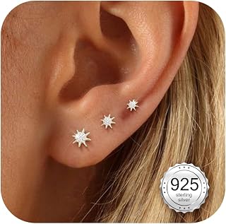 3 Pairs Earrings Women's 925 Sterling Silver Plated 14k Gold Hypoallergenic Small Zirconia/Flower/Star Earrings 3-5mm Jewelry Gifts for Women and Girls