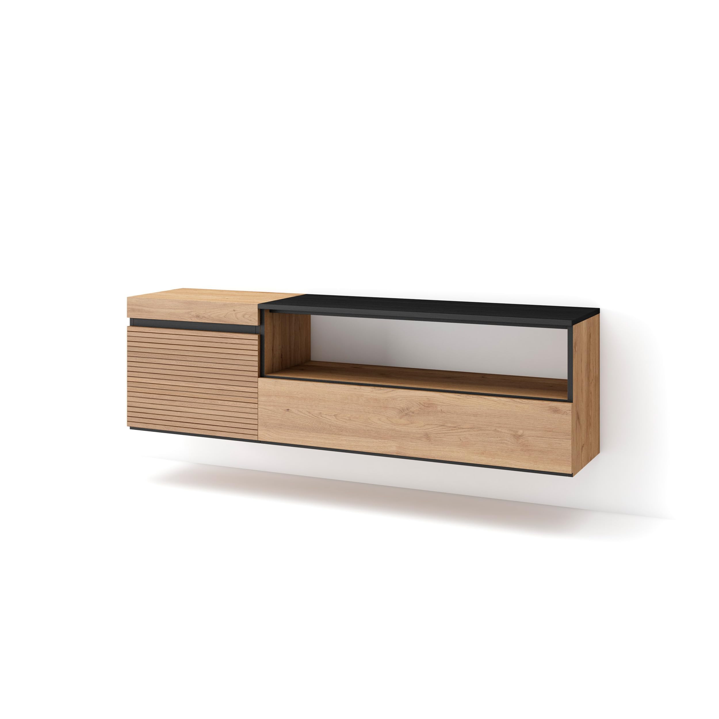 Skraut Home | Meuble TV | Banc Télé | Grand Espace de Rangement | 150x45x35cm | pour Les TV jusqu'à 65" | Suspendu, Mural | Style Moderne | Chêne
