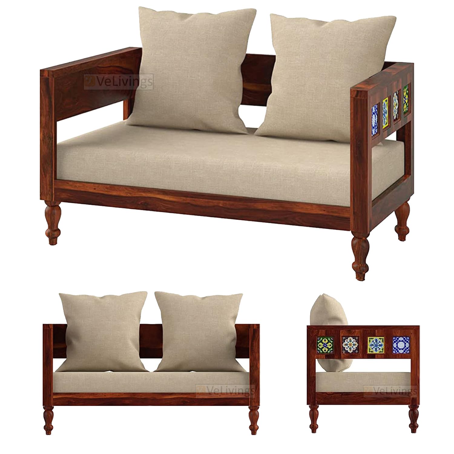 Solid Sheesham Wood 2 Seater Sofa for Living Room Home and Office | Wooden Sofa Set Two Seater with Antique Ceramic Tiles Design (Beige Color Fabric Cushion, Honey Brown Finish)-image-33