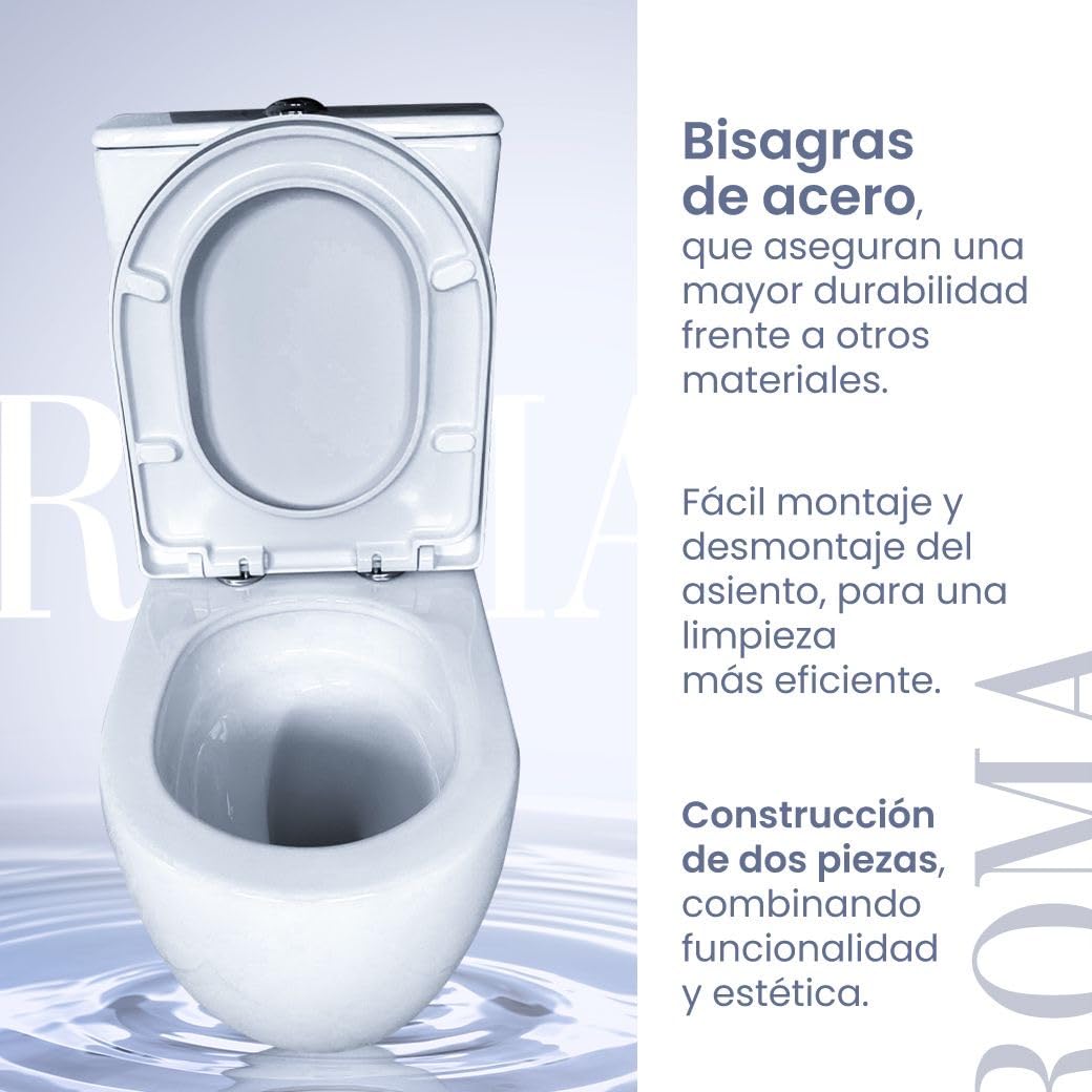 Inodoro Completo Moderno, Inodoro Blanco, Retrete para Hogar, Sistema Rimless Antibacterias, Tapa Dura Extrafina Amortiguada Salida Dual, Material UF Resistente
