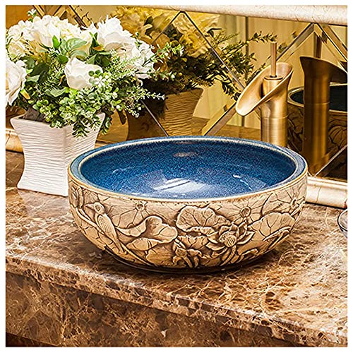 Ceramiczna Umywalka Nablatowa, Ręcznie Grawerowana Okrągła Misa, Artystyczna Umywalka Porcelanowa Na Blat Łazienkowy, C
