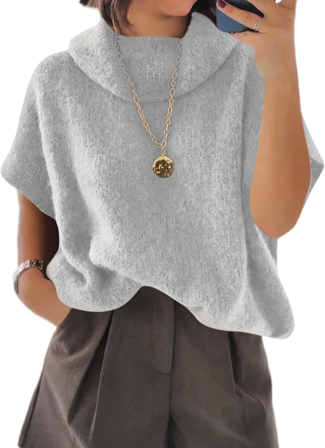 Cicy Bell Womens Oversized Turtleneck Knit Sweaters Short Batwing Sleeve Casual Slouchy Loose Fit Chunky Pullover Tops