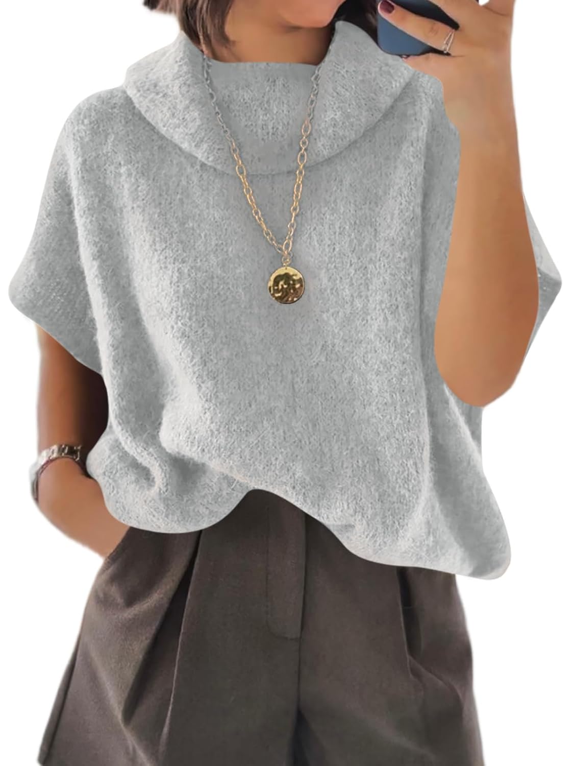 Cicy Bell Womens Oversized Turtleneck Knit Sweaters Short Batwing Sleeve Casual Slouchy Loose Fit Chunky Pullover Tops