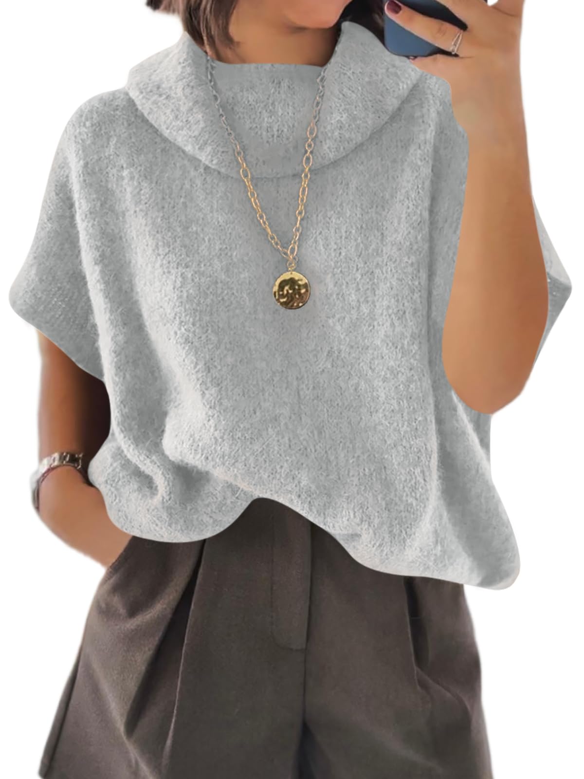 Cicy Bell Womens Oversized Turtleneck Knit Sweaters Short Batwing Sleeve Casual Slouchy Loose Fit Chunky Pullover Tops