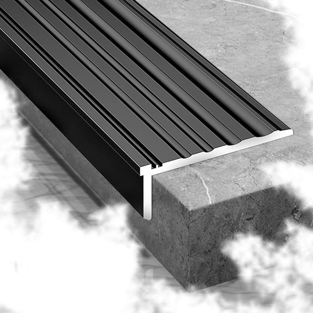 Stair Metal Step Edge Trim Staircase Protector Edging Anti Slip Stairs Transition Strip L-Shape Treads(Pure Black,110cm L)