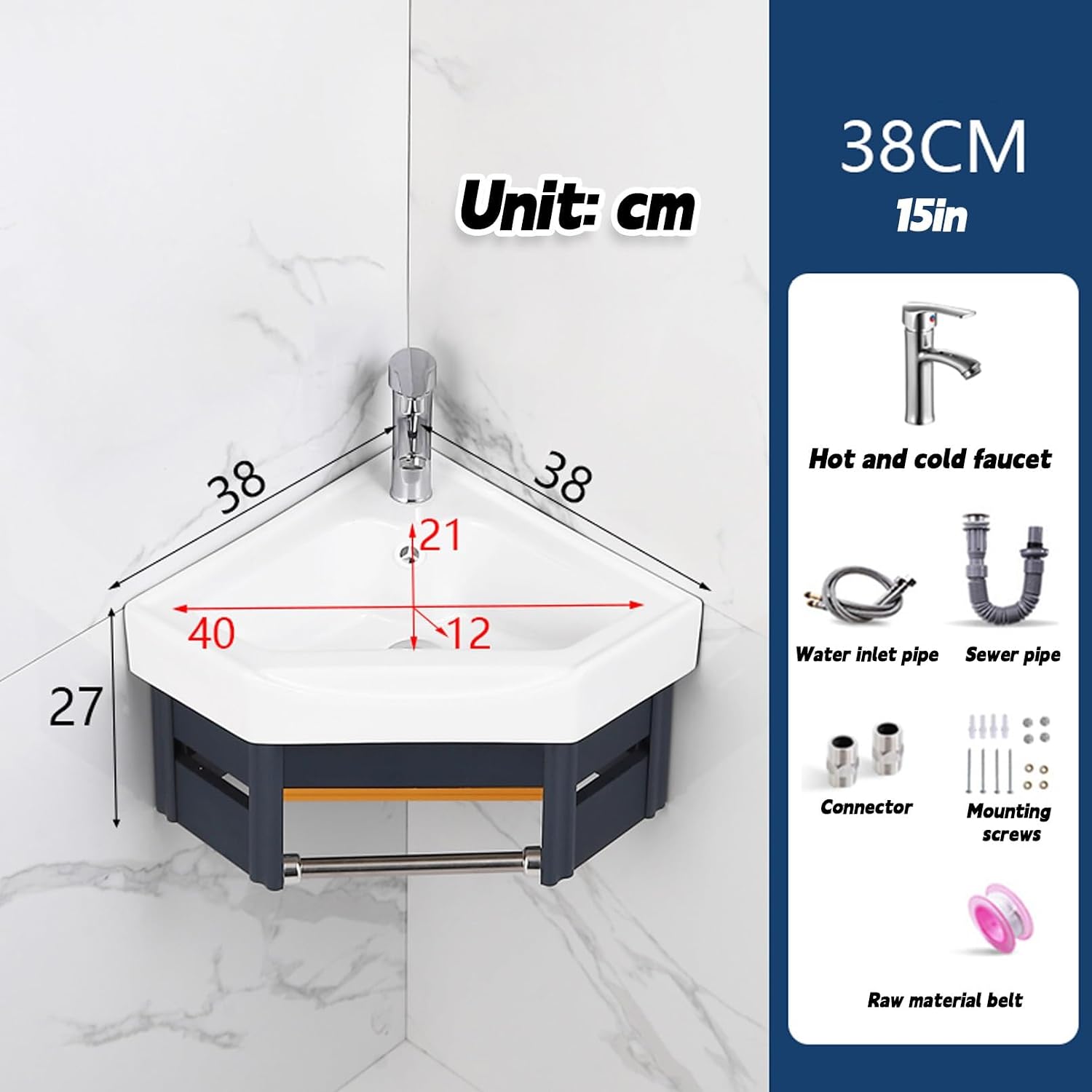 Corner Pedestal Sink,Wall Mount Vessel Sink, Ceramic Sink,Corner Bathroom Vanity Sink Combo for Small Space Wall Mounted Floating Cabinet(Color:1,Size:38cm/15in)