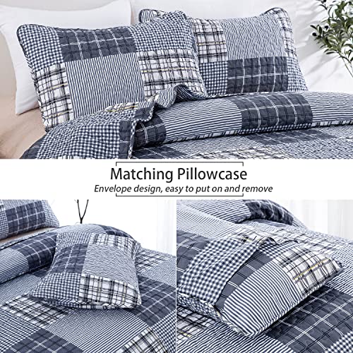 Quilt Set King,3 Pieces Rustic Bedspread With 2 Pillowcases, Blue Grey Plaid Striped Coverlet Set, Patchwork Bedding Quilted Set For All Seasons King(90”X104”) #TOP4
