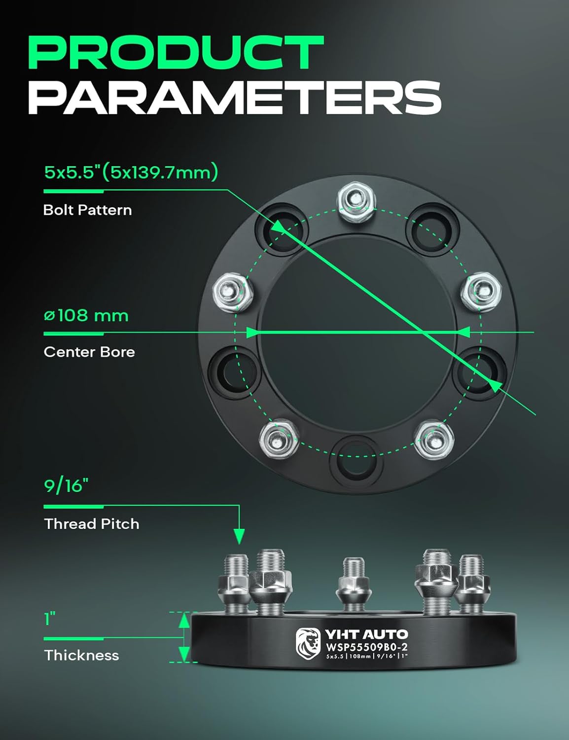 YHTAUTO 5x5.5 Wheel Spacers 1 Inch Compatible with Chrysler Dodge RAM Models, Aspen Dakota Durango, 5x139.7mm Tire Spacers w/ 9/16" & 12.9 Grade Studs,108mm Center Bore 5 Lug 2PCS Black Spacer