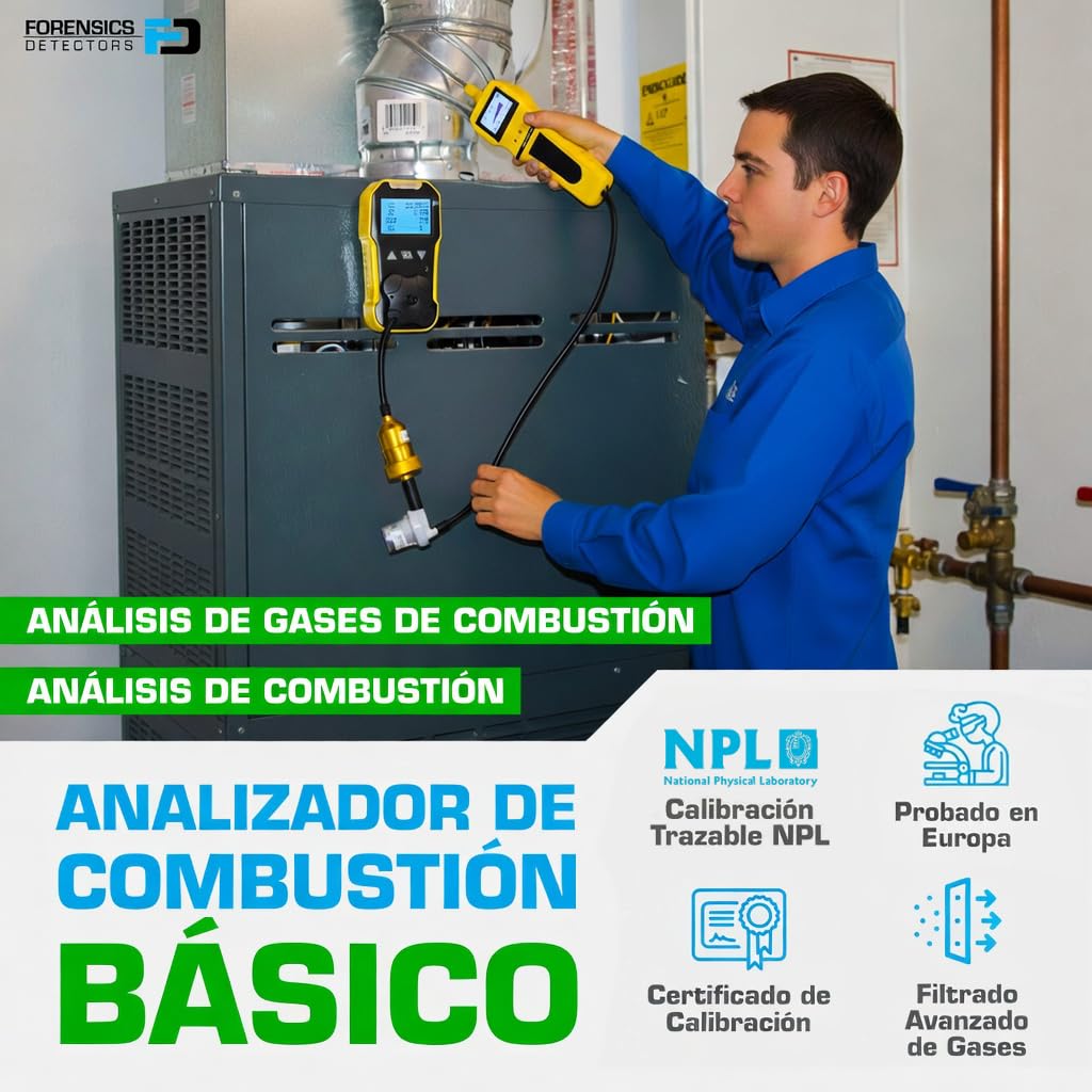 Analizador de Gases de Combustión Básico | Certificado de Calibración EU | Sensores de CO y O2 | Trampa de Agua, Filtros de Partículas y NOx | Recarga USB