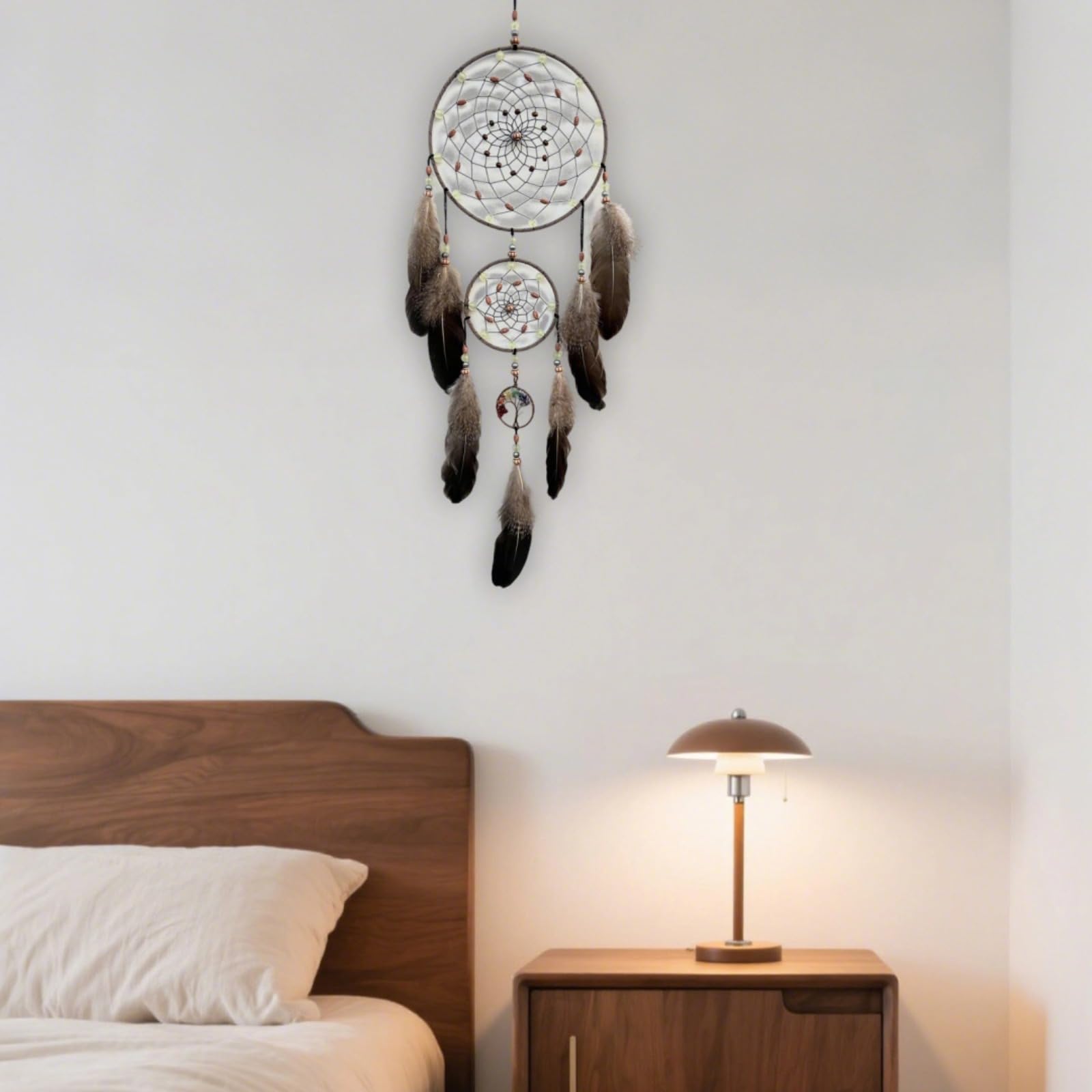 Traumfänger Wanddeko, Boho Traumfänger mit beleuchtetem Mondphasen-Motiv und Federn, Traumfänger für Schlafzimmer und Erwachsene, 31,5 in/80 cm Länge, für stilvolle Wohnraumgestaltung