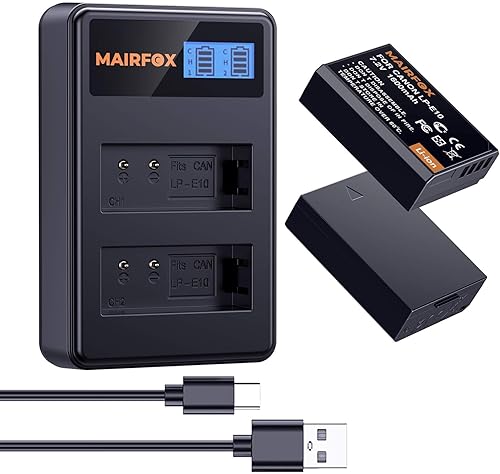 LP-E10 Battery & Quick Charger for Canon Rebel T7 T6 T5 T3 T100, EOS 1100D 1200D 1300D 1500D 2000D 3000D 4000D,Kiss X50 X70 X80 X90 Cameras (1600mAh, 2 Packs)
