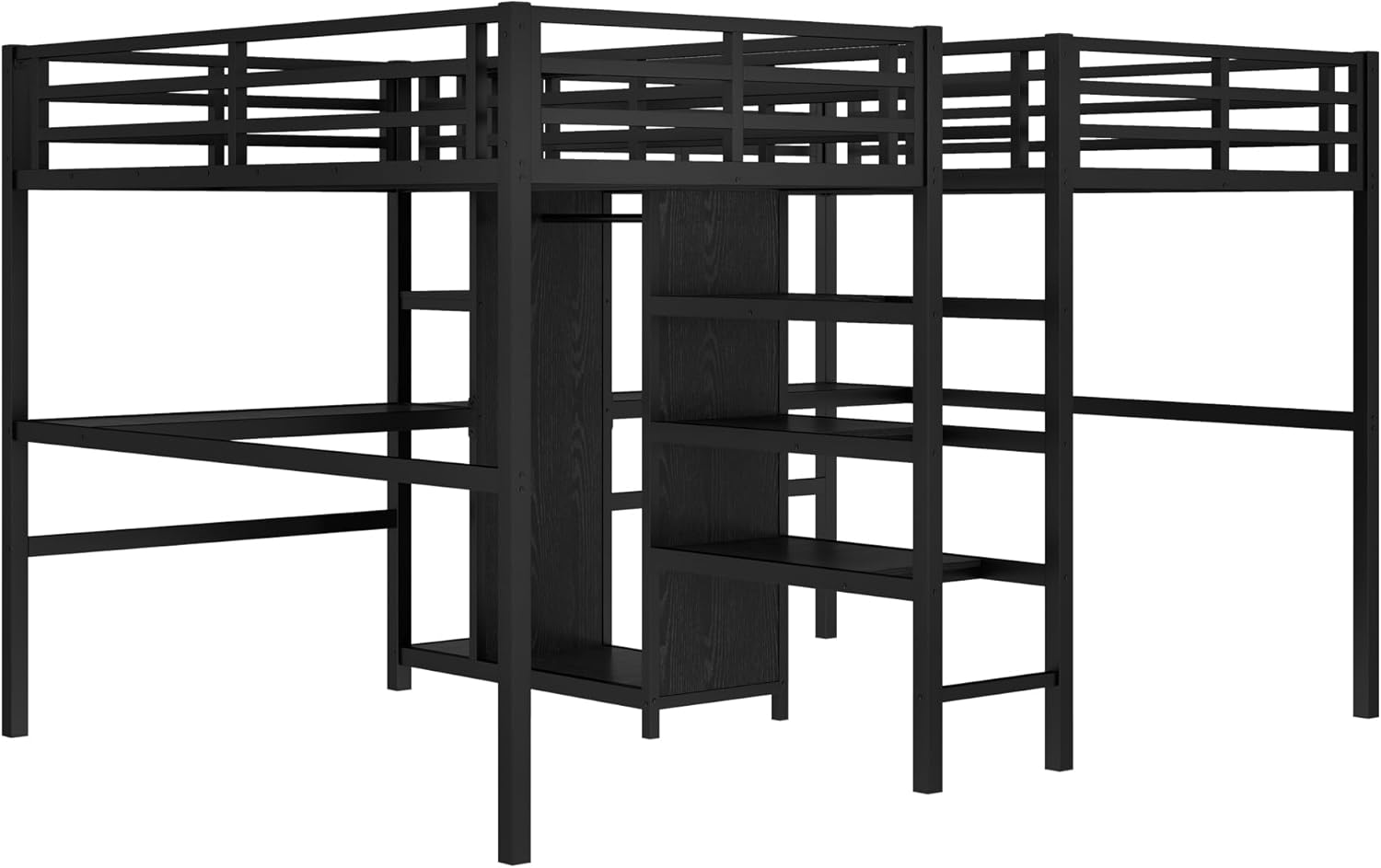 Twin Double Loft Bed with Wardrobe and Storage Stairs for 2 Kids, Heavy Duty Double Loft Bed Twin with Desk and Electrical Outlet, No Box Spring Needed, Noise Free, Black