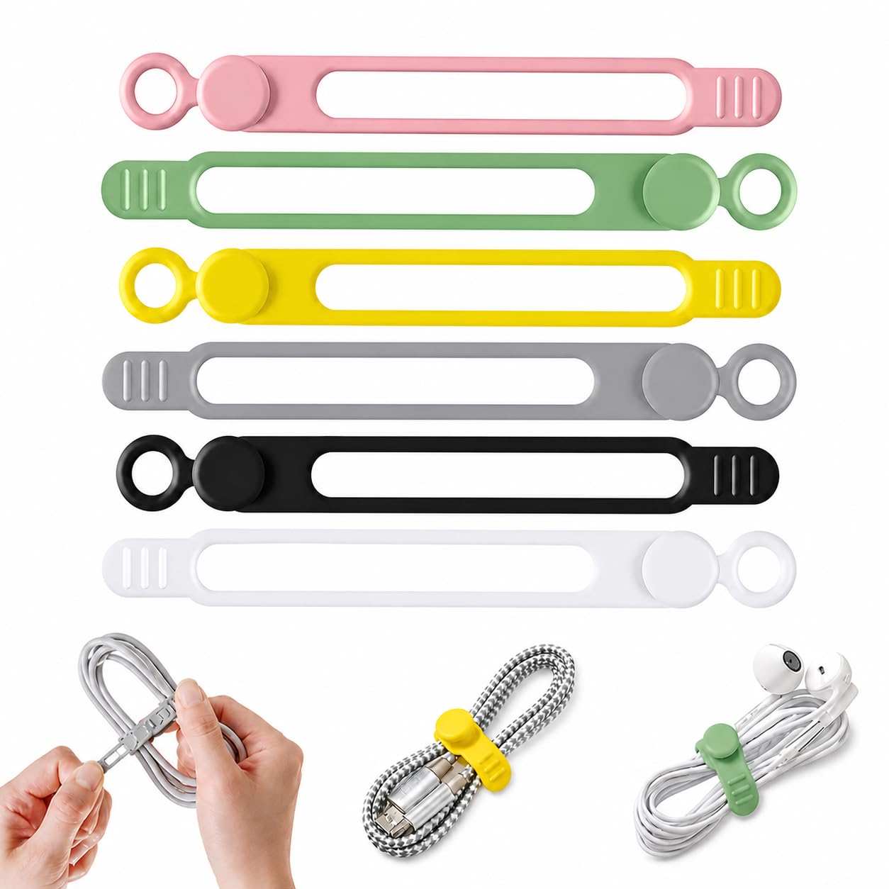 Silicone Cable Organiser Straps, Reusable Elastic Cable Ties for USB Cables, Phone Chargers, Earphones & Wires, Multi-Colour Cord Management Wraps for Home Office Travel (6 Piece)