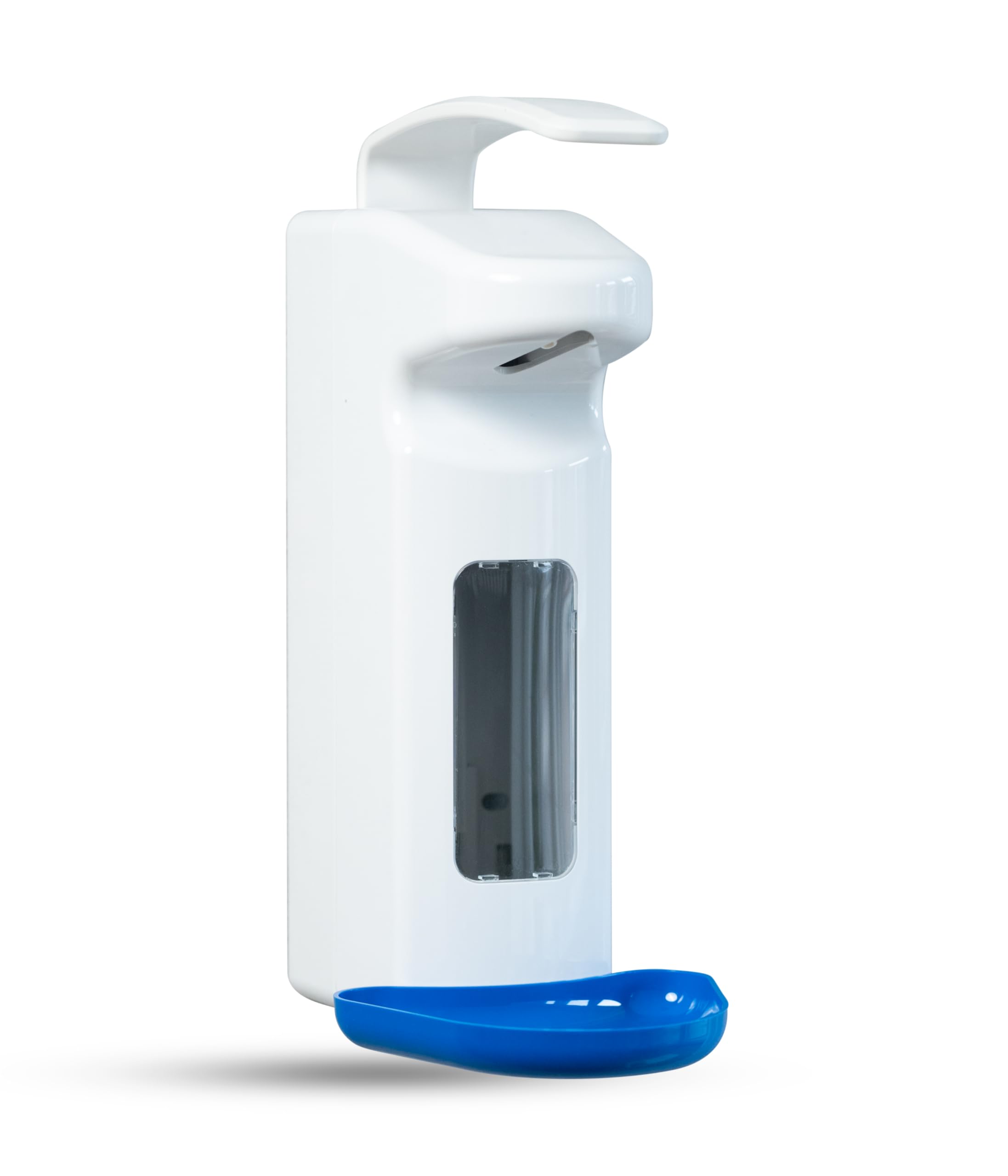 Dispensador desinfectante SD2015, dispensador manual de palanca de brazo para 500 – 1000 ml – Eurodispensador recargable (blanco con bandeja de goteo azul)