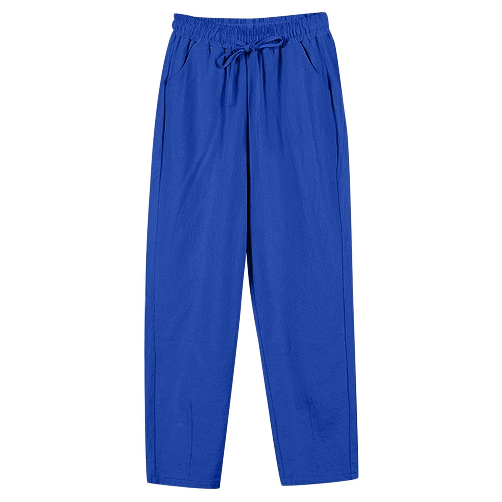 Pantalones de lino para mujer pierna recta cordón elástico casuales con bolsillos verano negros