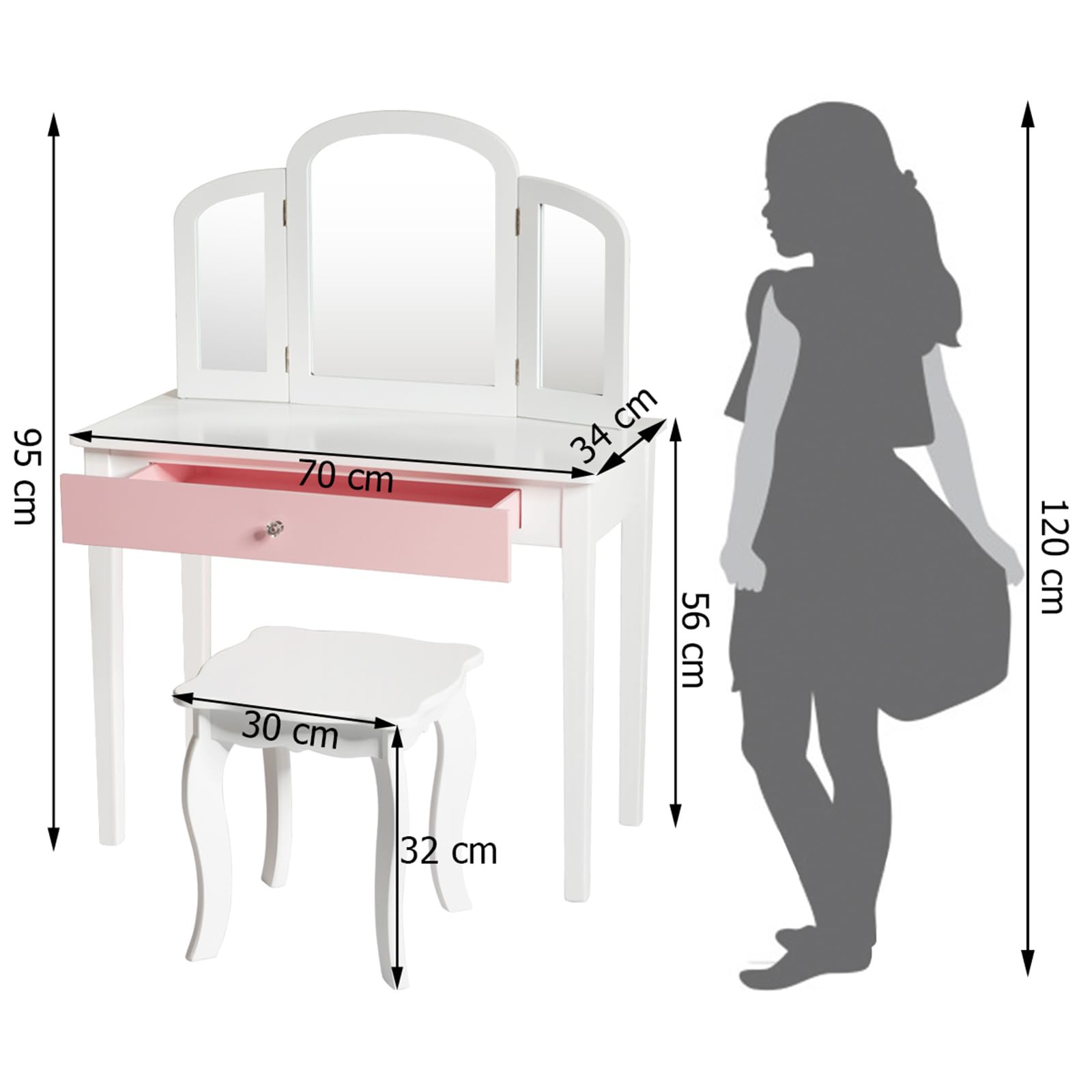 COSTWAY Toeletta Trucco per Bambina, Specchiera Trittica per Ragazza in Legno Robusto con Sgabello e Cassetto, Postazione Trucco 2 in 1 per Cameretta e Cmera da Letto, 95x70x34cm(Bianco)