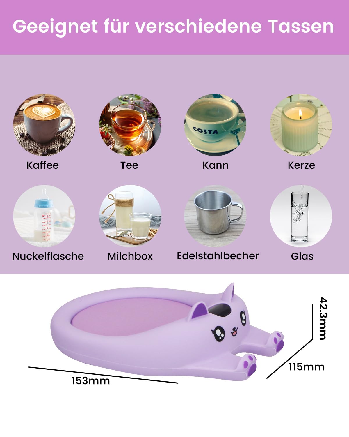 Calentador de tazas para escritorio, apagado automático, calentador de velas inteligente con 3 ajustes de temperatura, calentador de bebidas eléctrico para café, cacao, té (morado)
