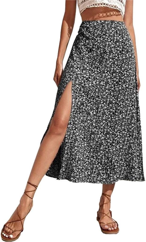 Women Sexy High Side Split Skirt Fashion Floral Print Split Thigh A Line Midi Skirt High Waist Elasticized Wrap Skirts Black