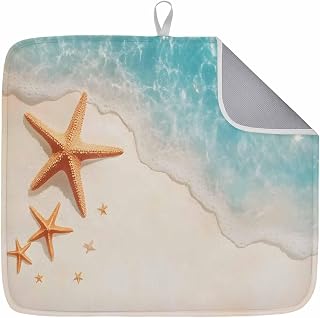 Dish Drying Mat for Kitchen Counter, Seasonal Ocean Beach Starfish Absorbent Microfiber Dish Drying Pad Set of 1, Natural Coastline Theme Coffee Mat Dishes Drainer Mats for Countertop