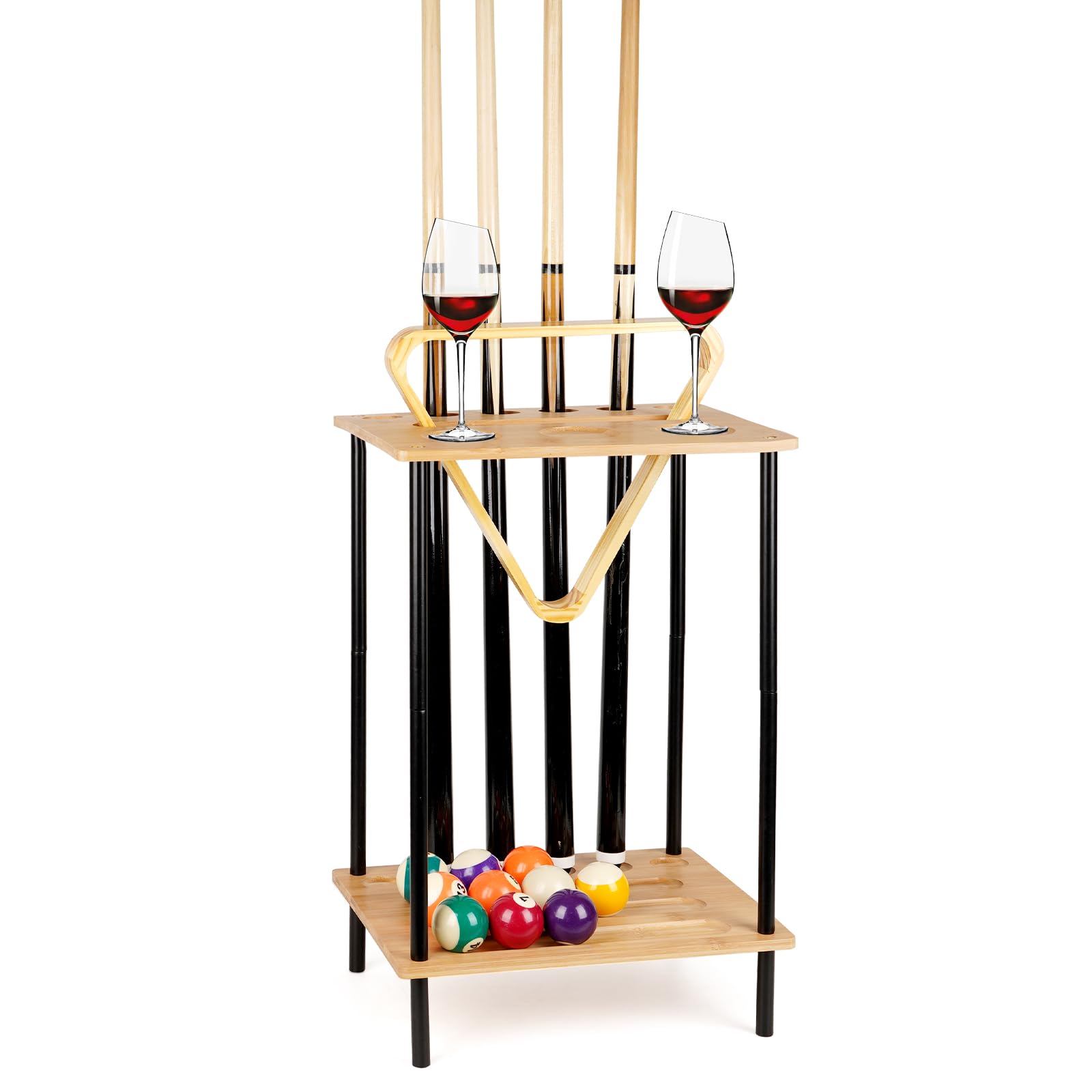 Pool Cue Rack Billiard Stick Holder 6 Cues Pool Stick Holder for Billiard Room Cue Club, Floorstanding and Bamboo