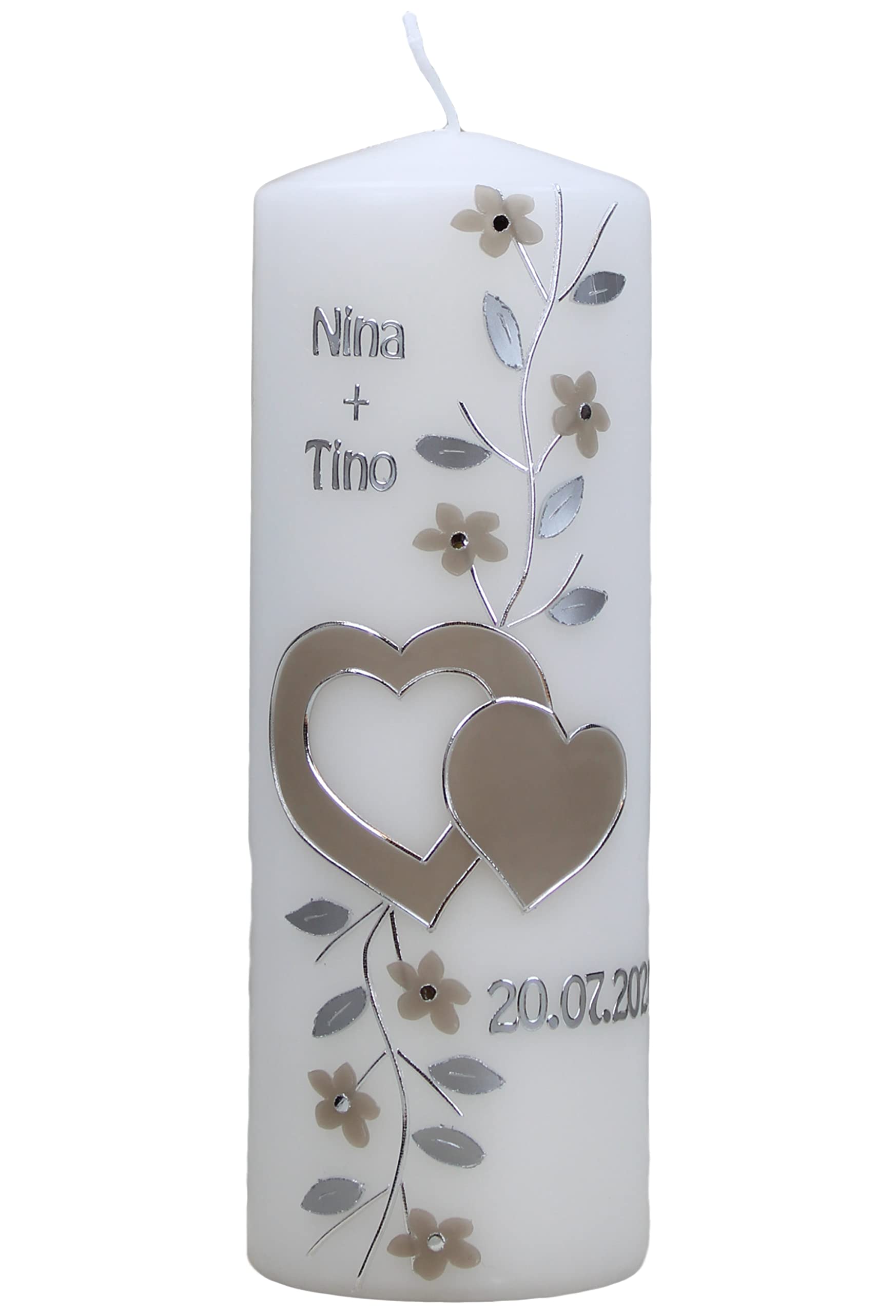 Hochzeitskerze Nina und Tino mit Namen und Datum, individuell, handverziert 1245