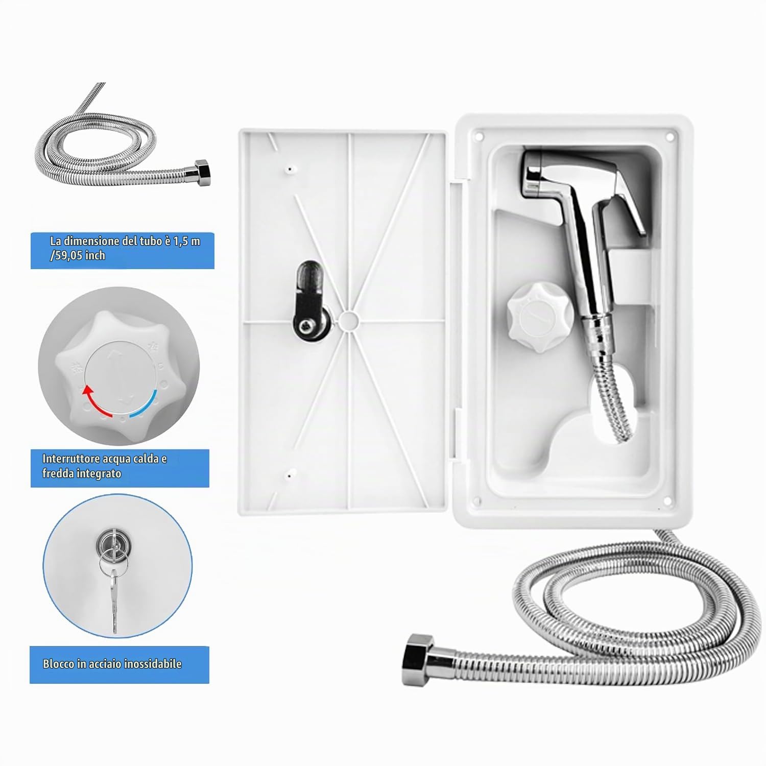 doccia TOOSOAR Doccia da Campeggio Bianca Estensibile a Pulsante Singolo con Tubo Flessibile in Metallo da 1,5 M