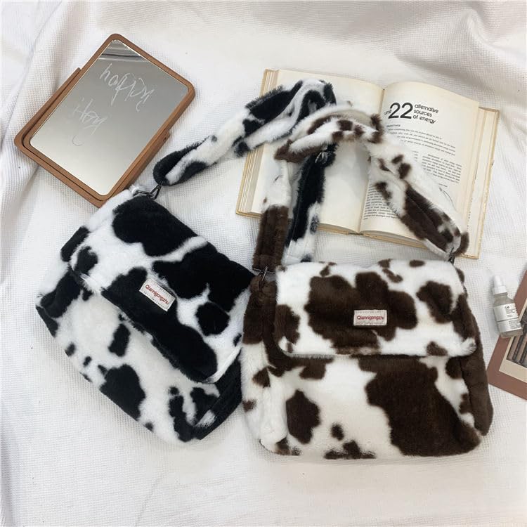 Cute Cow Pattern Fuzzy Messenger Bag for Women Fluffy Tote Bag Plush Crossbody Bag (Brown)3