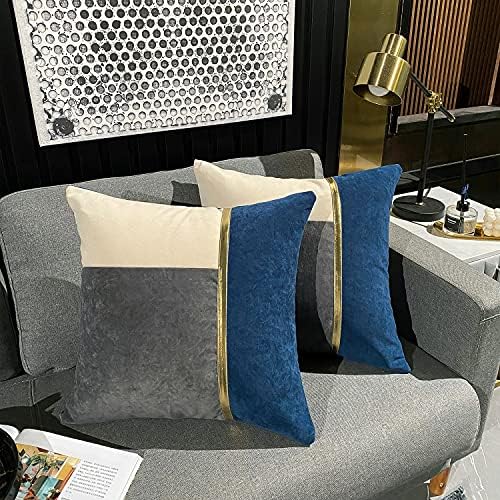 QIYIQI Blue Gray White Throw Pillow Covers 22 x 22 Inches with Gold Leather Patchwork Velvet Decorative Pillows Cover for Couch