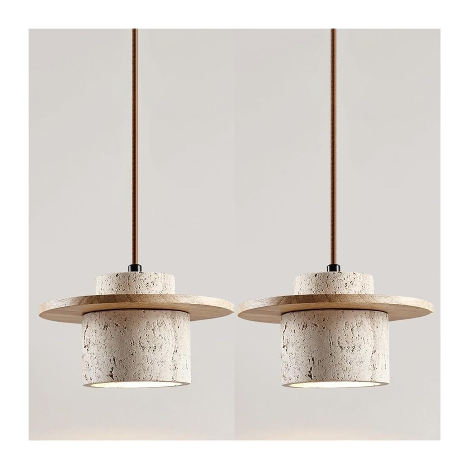 KHUKHU Nordic Natural Stone Shade Pendant Light Japanese Wabi Sabi Travertine Chandelier with E26 Base for Kitchen Island,Wood Suspension Lamp for Dining,Bedside,Entryway,Cafe,Restaurant(Log,2PCS)